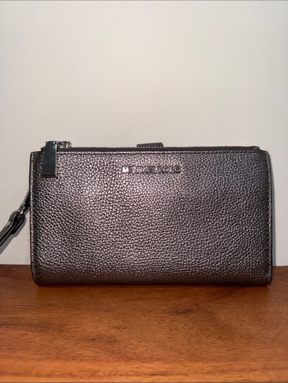 Michael Kors Gray Leather Wristlet with Silver Logo